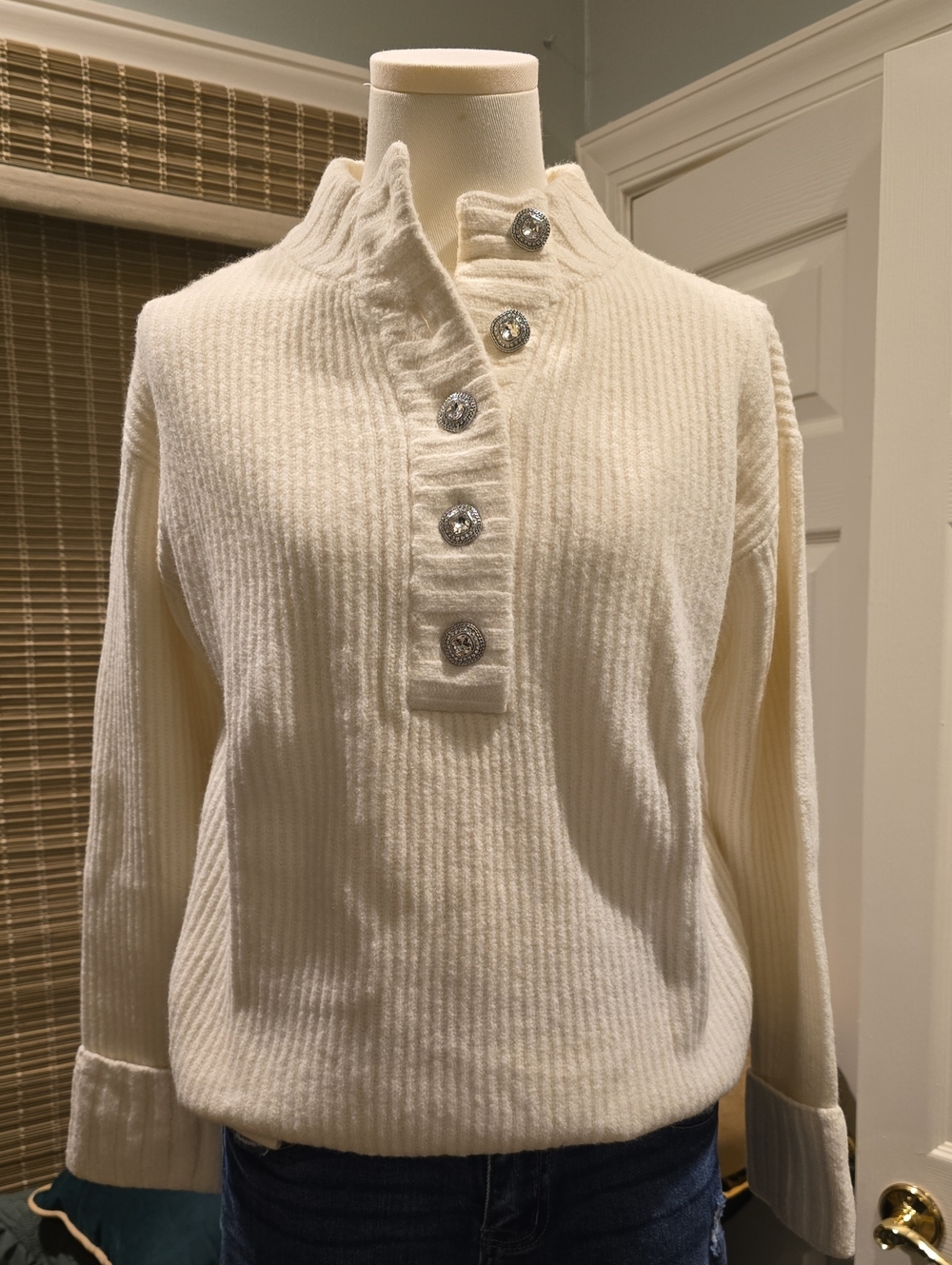 Talbots Cream Ribbed Knit Button-Front Sweater